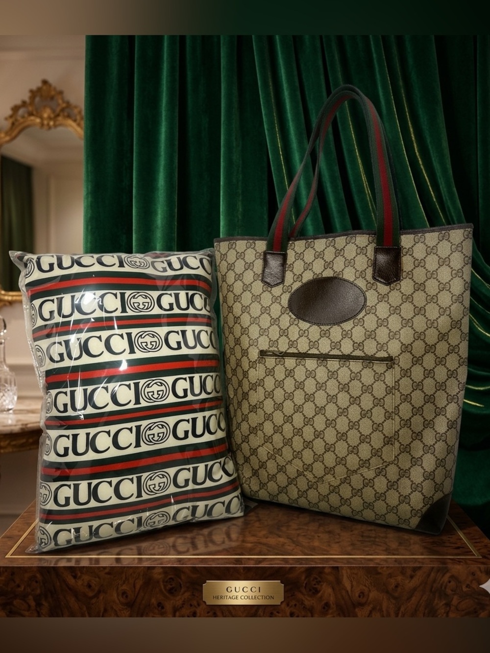 GUCCI Canvas Web Sherry Line Tote Bag - Vintage. Comes with a Bougie Bag Pillow.